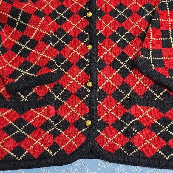 Crystal-Kobe Vintage Sz XL Red Black Argyle Gold Button Pockets Cardigan Sweater - Picture 5 of 13